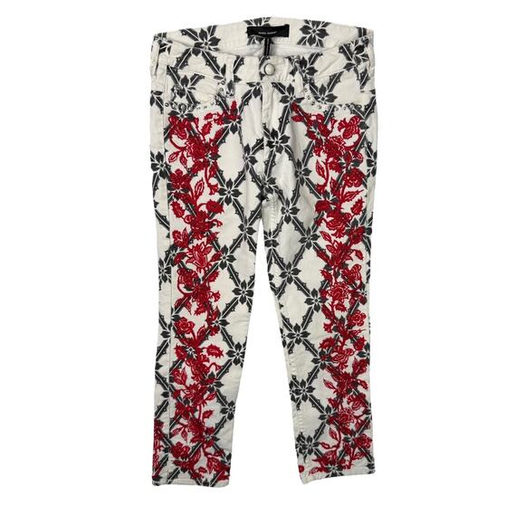 Isabel Marant Étoile N1501 Red Floral Embroidered Cropped Jeans White 36 US 4 - Picture 1 of 7